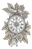 anglican cross with red tudor roses and light rays coming and a clock with roman numerals and turtle head with red eyes tattoo design idea