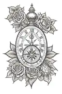 anglican cross with red tudor roses and light rays coming and a clock with roman numerals and turtle head with red eyes tattoo design idea