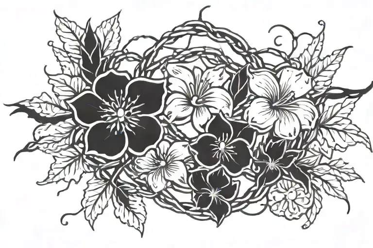 barb wire intertwined with vines and flowers tattoo design idea