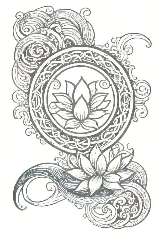 lotus ouroboros and water flowing  waves tattoo design idea