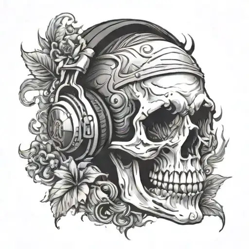 A skull wearing headphones with 420 smoke forming around it tattoo design idea