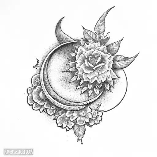 crescent moon with flowers tattoo design idea