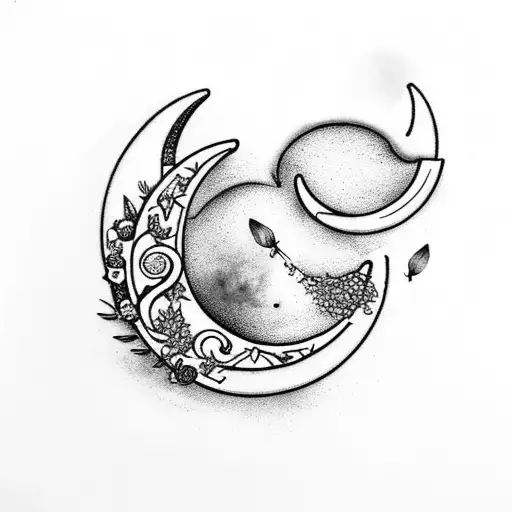 crescent moon with lavender and violet flowers tattoo design idea