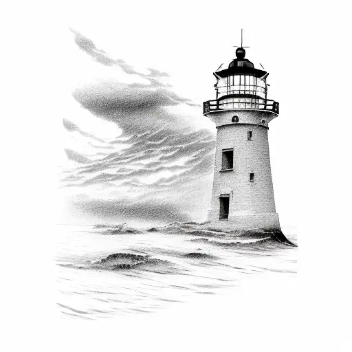 a ship and lighthouse, water and marine life below,  tattoo design idea