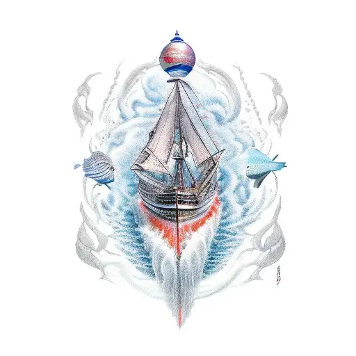 a ship with the name "Sanjana" , water and marine life below,  tattoo design idea