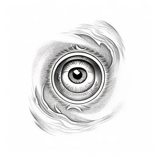 a greek style tattoo, eye, surrounded by fire and scripts in a triangular shape tattoo design idea