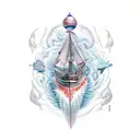 a ship with the name "Sanjana" , water and marine life below,  tattoo design idea
