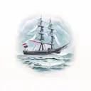 a ship with the name "Sanjana" , water and marine life below,  tattoo design idea