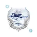 a ship with the name "Sanjana" , water and marine life below,  tattoo design idea