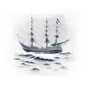 a ship with the name "Sanjana" , water and marine life below,  tattoo design idea