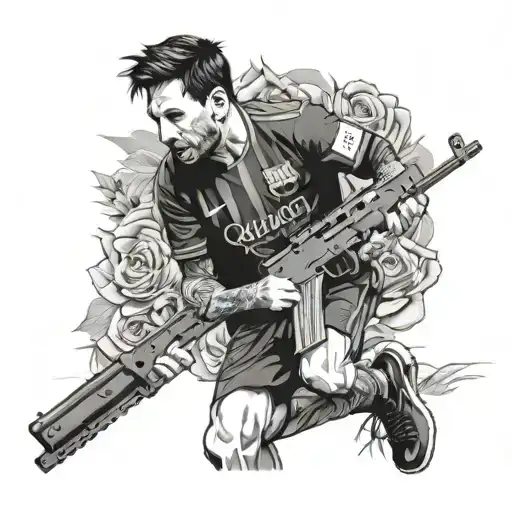 lionel Messi, Fc Barcelona, ak 47 rifle with rose, cologne tattoo design idea