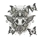 A tattoo design featuring a god-like figure surrounded by butterflies, symbolizing the client's devotion and connection to nature tattoo design idea