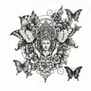 A tattoo design featuring a god-like figure surrounded by butterflies, symbolizing the client's devotion and connection to nature tattoo design idea