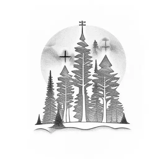3 crosses on the hill with forest in the background  tattoo design idea