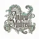 ambigram that displays the name Andrew and when flipped over it displays the name Maddie tattoo design idea