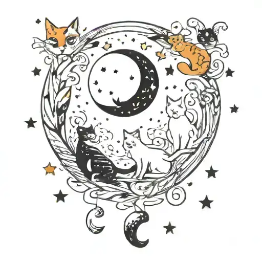 moon and cats orange and black tattoo design idea