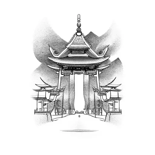 A dotwork tattoo of a traditional Japanese torii gate intertwined with iconic landmarks from Germany, Vietnam, England, and Abu Dhabi, symbolizing the client's love for travel tattoo design idea