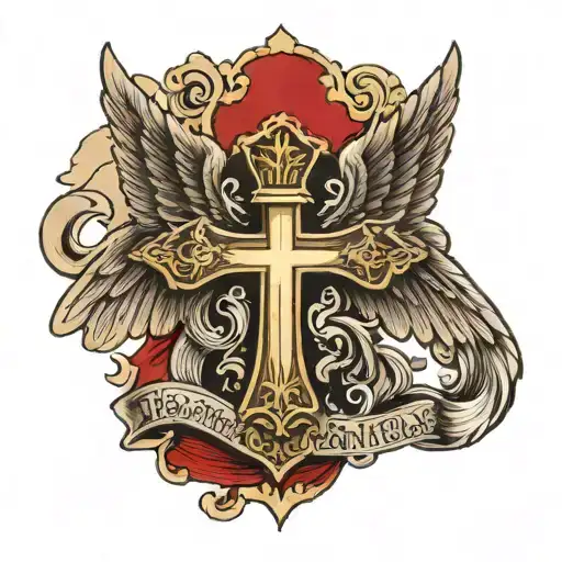 Orthodox cross with wings against the background of the Russian flag. Below is an inscription in Old Slavonic, "save and tattoo design idea