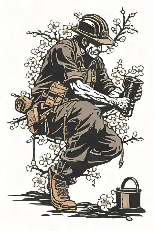 Design a coal miner silhouette surrounded by cherry blossoms tattoo design idea