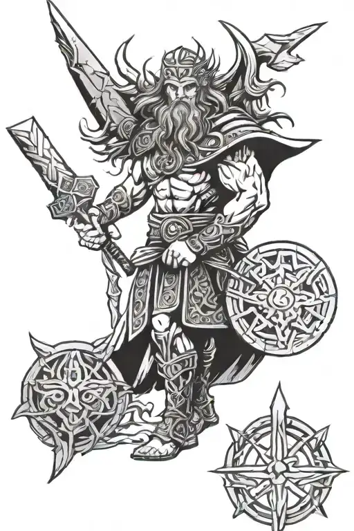 celtic god taranis with his lightning bolt and wheel. germanic god thor with his hammer tattoo design idea