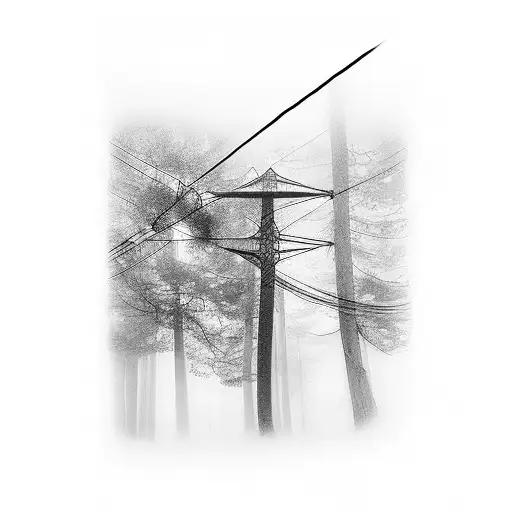 A blackwork tattoo of power lines in a foggy forest tattoo design idea