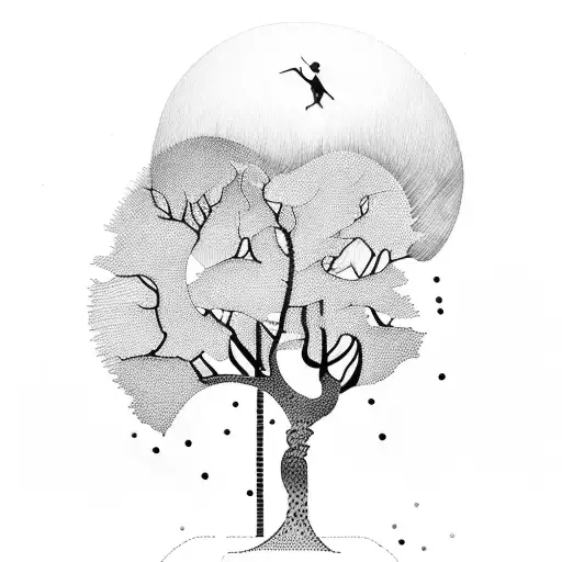 A dotwork tattoo of a sexy silhouette dancing among forest trees tattoo design idea