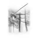 A blackwork tattoo of power lines in a foggy forest tattoo design idea