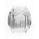 A blackwork tattoo of power lines in a foggy forest tattoo design idea