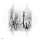 A blackwork tattoo of power lines in a foggy forest tattoo design idea