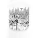 A blackwork tattoo of power lines in a foggy forest tattoo design idea