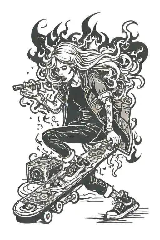 Rock guitar goth girl fire explosion dumpster fire skateboard tattoo design idea