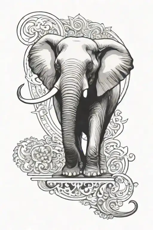 A beautiful fusion of painting and woodwork themes with an elephant as the central figure tattoo design idea