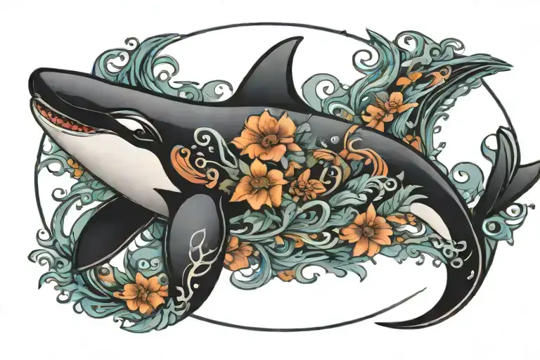 Orca tail in the center attop a semicircle of aquatic sea life tattoo design idea