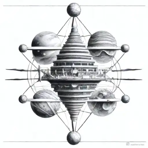 ancient civilizations temples  with double helix connecting atoms to space planets and galaxies tattoo design idea