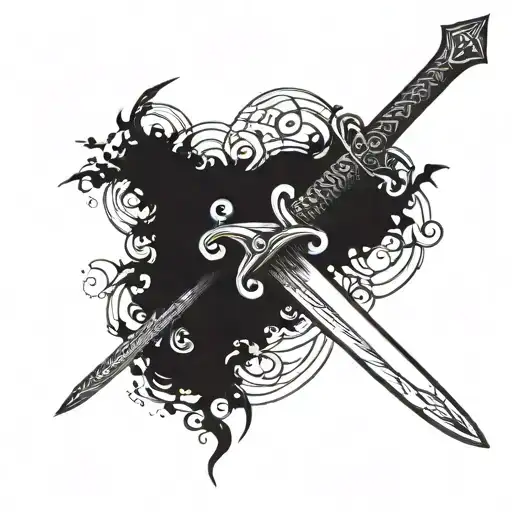 a beautiful sword intertwined with imperfect circle tattoo design idea
