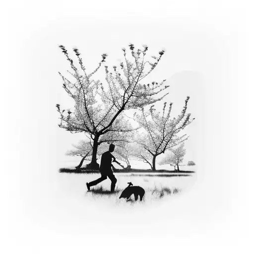 A silhouette of your father walking through a kiwi orchard with a dog by his side, surrounded by a beautiful wooden fence tattoo design idea