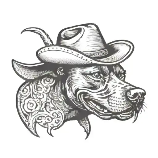 a black pitbull smiling with a cowboy hat tattoo design idea