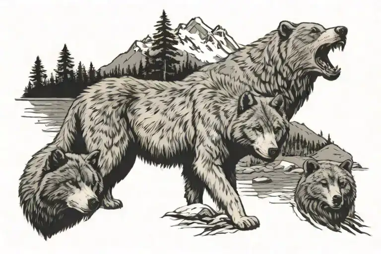 a grey wolf, a kodiak bear, a bald eagle on a pacific northwest background tattoo design idea