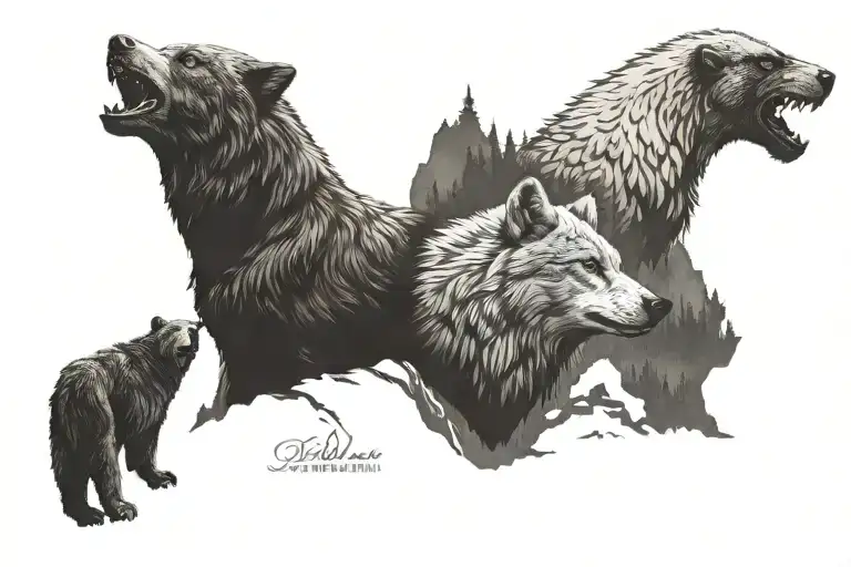 a grey wolf and a kodiak bear and a bald eagle across a pacific northwest background tattoo design idea