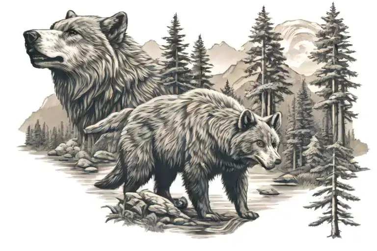 a grey wolf and a kodiak bear and a bald eagle across a pacific northwest background tattoo design idea