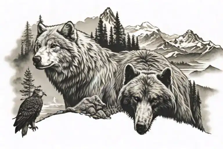 a grey wolf and a kodiak bear and a bald eagle across a pacific northwest background tattoo design idea
