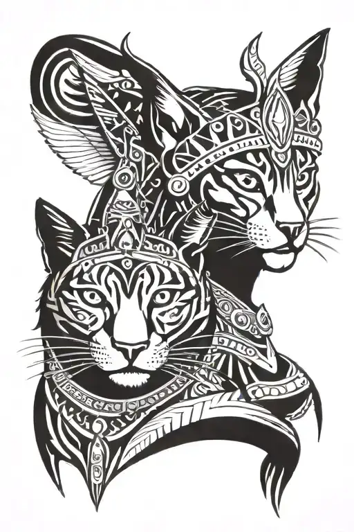 Native American tribal queen with pharaoh cat  tattoo design idea