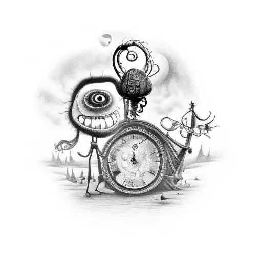 Combine elements from different Tim Burton movies into a surreal and whimsical scene tattoo design idea