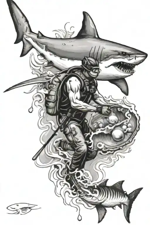 great white shark, diver,and oyster with pearl  tattoo design idea