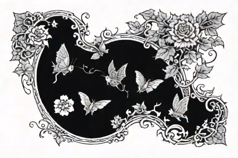 A garden scene with intricate floral patterns intertwined with vines and leaves, incorporating hidden bats among the foliage tattoo design idea