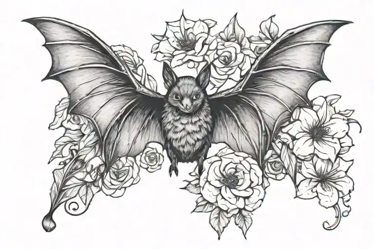 pretty bat with wings spread and flowers tattoo design idea