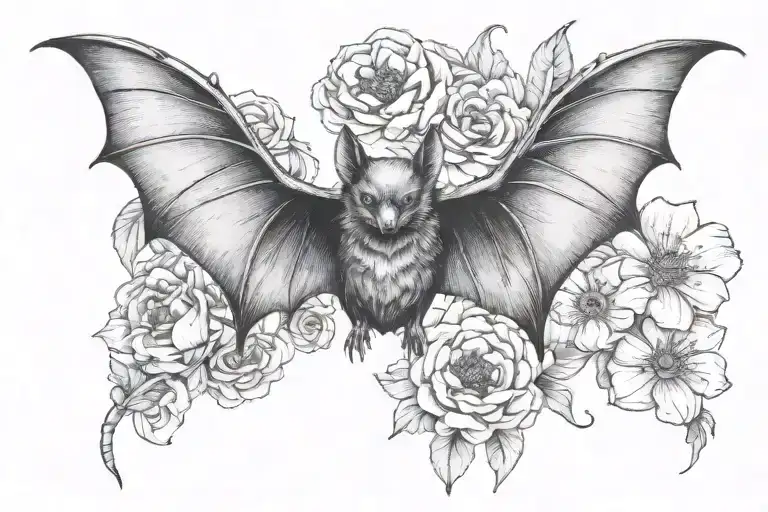 pretty bat with wings spread and flowers tattoo design idea