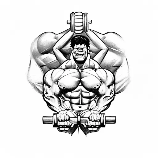 Sketch a tattoo of the Hulk lifting weights with a motivational quote about strength and perseverance tattoo design idea