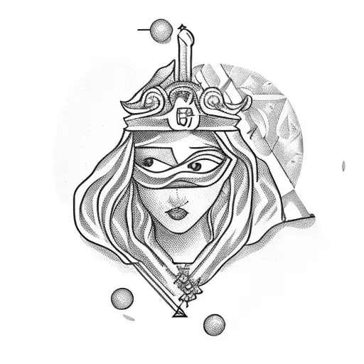 A blindfolded Lady Justice with intricate geometric patterns tattoo design idea