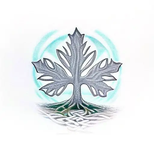 Celtic tree of life in the shape of a maple leaf. Carving in the trunk of "Maddie & Thea" tattoo design idea